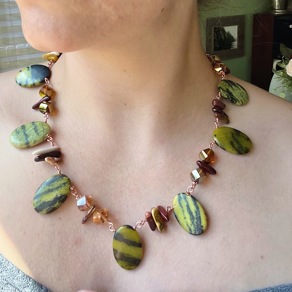 Handmade serpentine, jasper, & crystal copper wire gemstone necklace